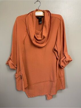 Ali Miles Large Artsy Boho Asymmetrical Hem Crinkle Textured Cowl Tunic Top